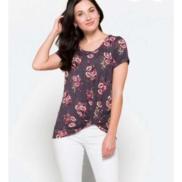Nine Britton Floral Knot Front Tee Short Sleeve Gray Top Size S - Picture 1 of 8